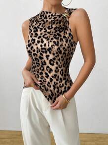 SHEIN LUNE Áo ba lỗ họa tiết da báo trang trí kim loại mùa hè, thời trang - màu nâu - Xem 6