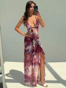 Aloruh 性感深 V 领蕾丝露背修身高开衩长裙，春夏度假装 - 彩色 - 查看 5