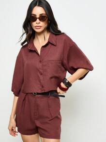 AiiRZ Ensemble chemise courte en lin bouton carré et short taille haute. Ensemble coordonné pour les vacances d'été et la plage - Tabac - Voir 1