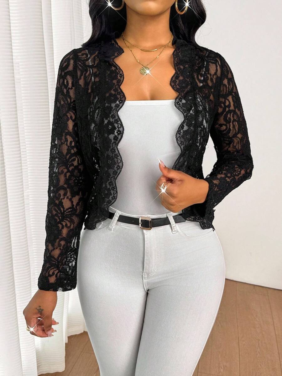 SHEIN Lady Minimalist Fashion Black Lace Short Lightweight Jacket - Black - View 1