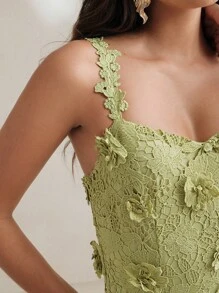 Anewsta Spring/Summer High-End Elegant 3D Embroidered Flower Long Dress For Women - Olive Green - View 2