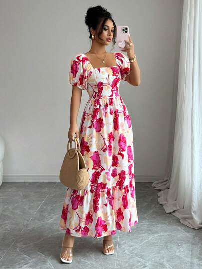 Elenzga Floral Print Waist Defined Puff Sleeve Square Neck Women Dress