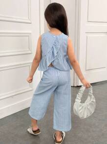 SHEIN Young Girl Casual Simple Comfortable Round Neck Sleeveless Ruffle Hem Top And Pants Set - Blue - View 1