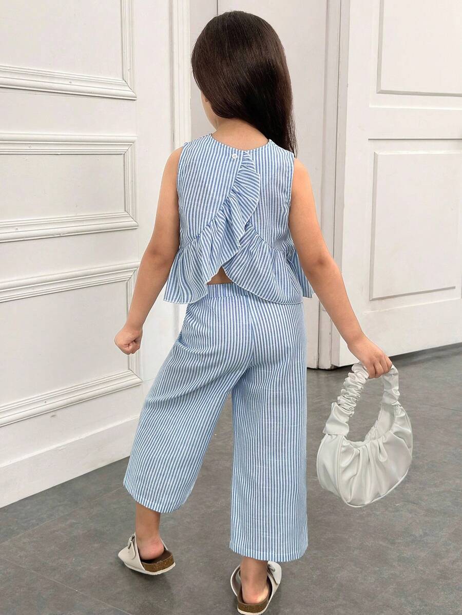 SHEIN Young Girl Casual Simple Comfortable Round Neck Sleeveless Ruffle Hem Top And Pants Set - Blue - View 1