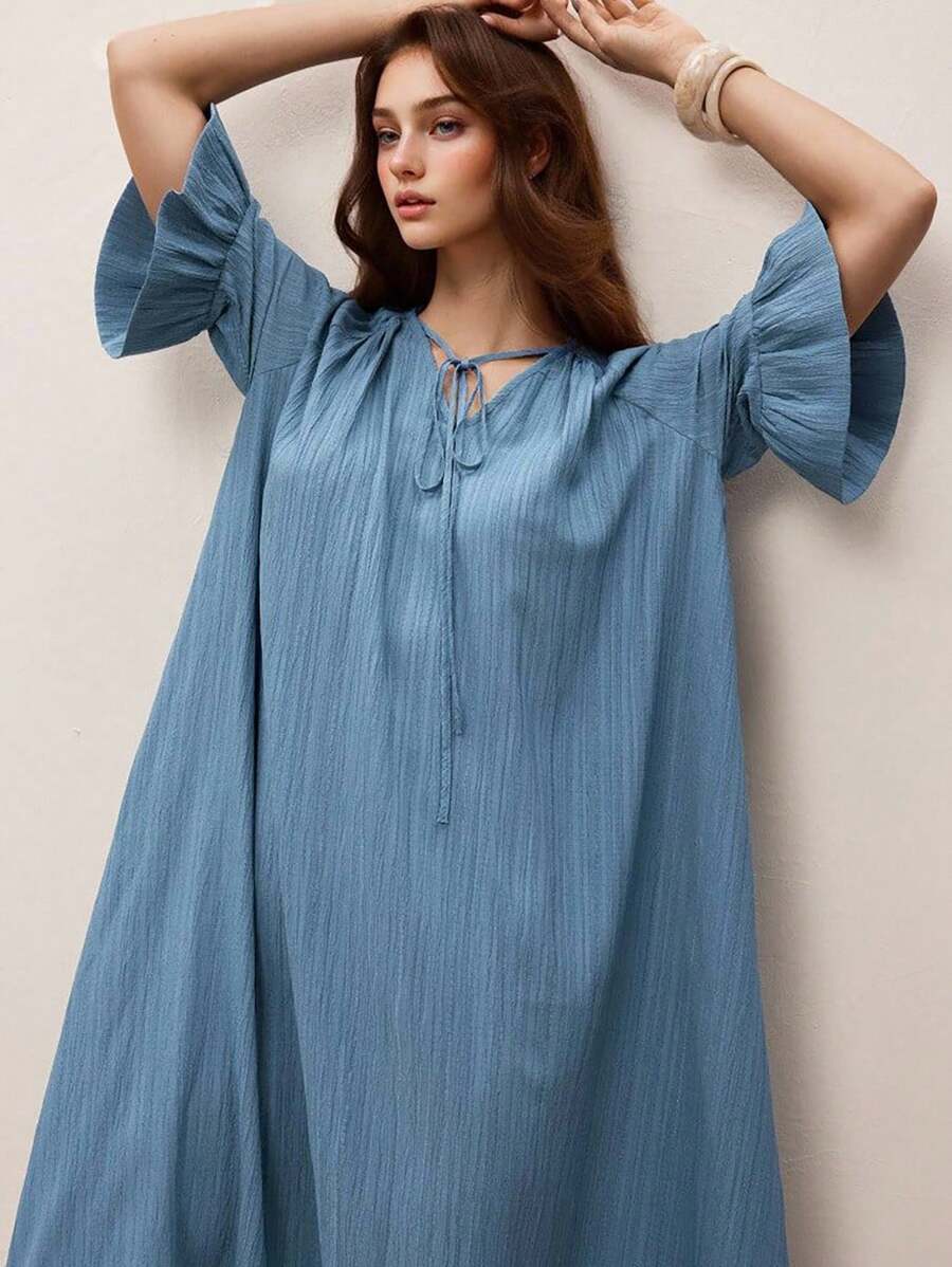 Modelyn Vestido con cuello en V con volantes para mujer, estilo de vacaciones - Azul - Ver 1