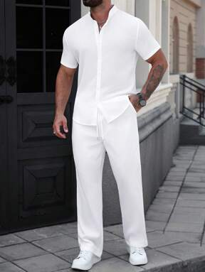 Manfinity Homme Men Summer Solid Color Short Sleeve Shirt And Pants Casual Suit Men White 2 Piece Pants Set Mens 2 Piece Outfits White