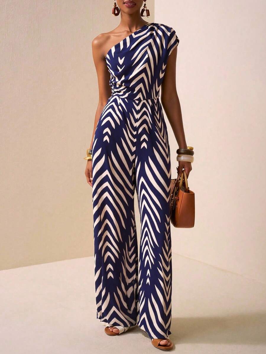 Zivah 2025 夏季新款假日优雅通勤单肩聚拢皇家蓝印花女式连体裤，日常旅行，休闲，朋友聚会，旅行，毕业装，早午餐装，返校，通勤，百搭