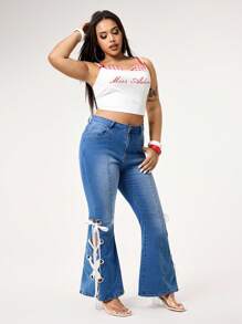 ROMWE 大码深蓝色侧孔眼抽绳蝴蝶结松紧腰紧身牛仔裤 - 藍色 - 查看 8