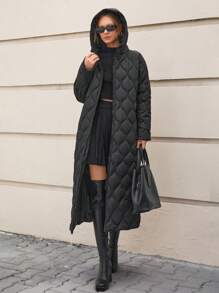 CLARA VERO Áo khoác dài mùa đông chần bông có mũ trùm đầu cho nữ - Màu be - Xem 5