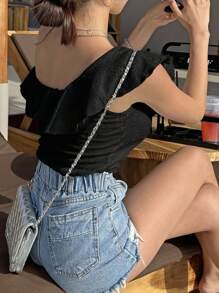 DAZY 純色荷葉邊不對稱領口t恤 - 黑色 - 查看 2