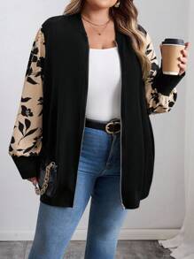 SHEIN CURVE+ Chaqueta ligera con parches florales para mujer talla grande, Chaqueta bomber con estampado floral talla grande, Chaqueta bomber talla grande 8xl para mujer, Chaqueta bomber con estampado floral talla grande 8xl para mujer, Ropa de otoño para mujer, Ropa de invierno para mujer, Chaquetas talla grande 8xl para mujer, Chaqueta bomber talla grande para mujer, Chaqueta con cremallera talla grande - Multicolor - Ver 5