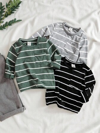 SHEIN Vintaside Kids 3 Stück/Packung Baby Jungen Lässig Klassisch gestreifter Weich-Strick Langarm Rundhals Top, geeignet für Ausgänge, Zuhause und Schichten, Herbst Winter