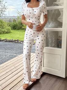 SHEIN Women Heart Print Square Neck Tight Fitted Top And Bell-Bottom Pajamas Set, Casual Sleepwear Heart Pajama Set Cute Lounge Set Womens Lounge Sets 2 Piece Pajama Set Women Womens Heart Pajamas Print