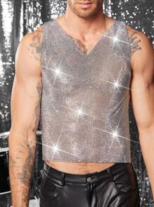FeverCity 男士性感透视水钻V领无袖上衣，侧开衩 - 銀色 - 查看 5