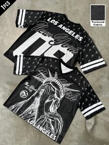 Manfinity Streetrush Camiseta casual de verano para hombre con cuello en V y estampado de letras de manga corta
