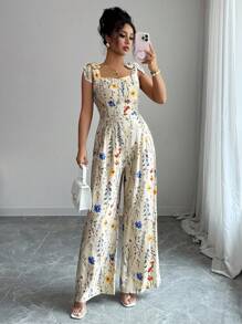 Elenzga 女士卡其色打底多色花卉印花系带肩部设计休闲度假风高端优雅宽松阔腿连体裤 - 彩色 - 查看 5