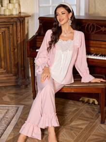 甜美蕾丝拼布荷叶边下摆女士睡衣套装，秋季服装 - 粉色 - 查看 4