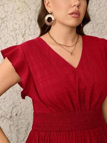 SHEIN CURVE+ 大码女式纹理面料飘逸长裙，夏季毕业礼服，7月4日白色毕业典礼服装 - 紅色 - 查看 5