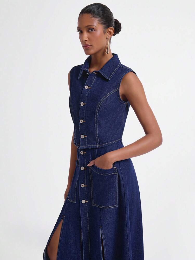 Daynim Women Casual Single Button Pocket Slit Denim Mini Skirt - Dark Wash - View 4