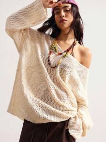 Bohemela Women Solid Color Hollow Out Knitted Sweater, Casual Holiday Fall Tops,Knitted Sweater - Apricot - View 2