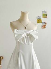 Soleia Women's Vacation White Bow Ruffle Hem Bandeau Mini Dress, Fashionable As Layering Or Standalone Dress, Suitable For Party, Wedding Season, Afternoon Tea Cute For Women Clothes Women Summer Clothing, Back To School, Back To School Season, Little White Dress, Graduation Season, White Dress, White Puffy Dress, Cute Three-Dimensional Bow - White - View 7