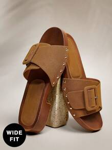 SHUZIA 女式宽版舒适可调节单带坡跟凉鞋 - 棕色 - 查看 1