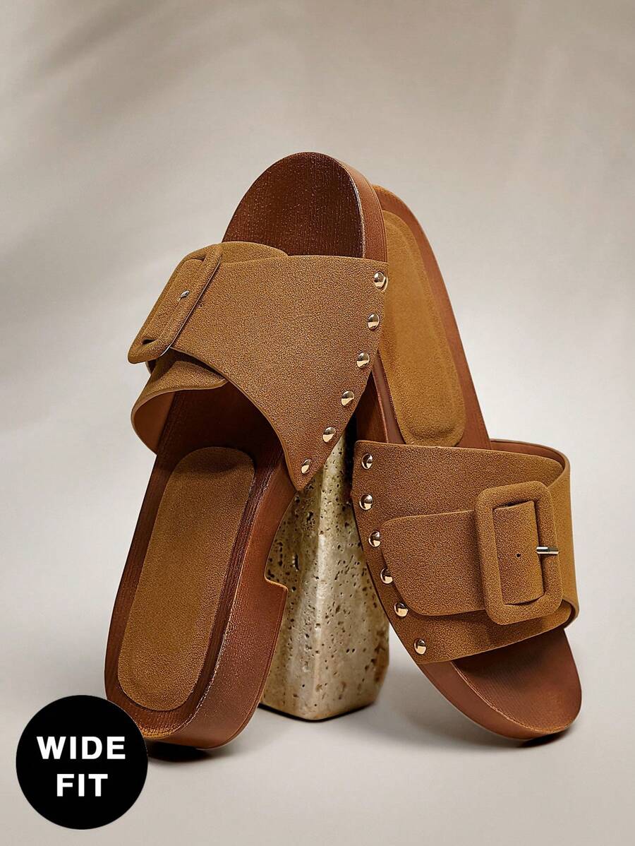 SHUZIA 女式宽版舒适可调节单带坡跟凉鞋 - 棕色 - 查看 1