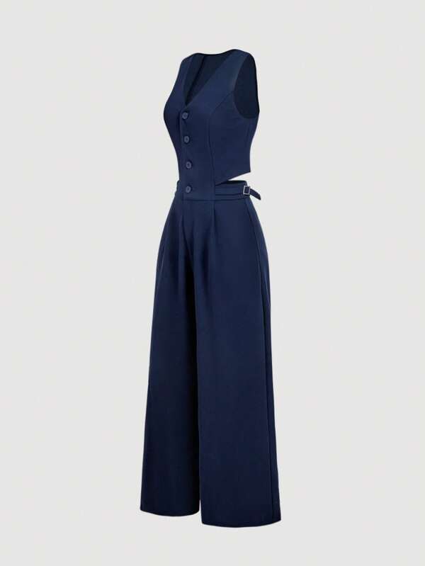 SHEIN MOD Women's Navy Blue Sleeveless High Waisted Wide Leg Jumpsuit,Teacher Outfits For Women,Business Casual Woman,Country Concert Outfit,Western Wear Women,Old Money Style Women,Brunch Outfits For Women,Old Money,Teacher Outfits For Women,Business Casual Woman,School Clothes,Office Outfits For Women,Back To School Clothes