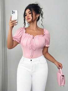 Elenzga Plus Size Solid Ribbed Elegant Short Sleeve T-Shirt With Front Tie Detail, New Arrival In June