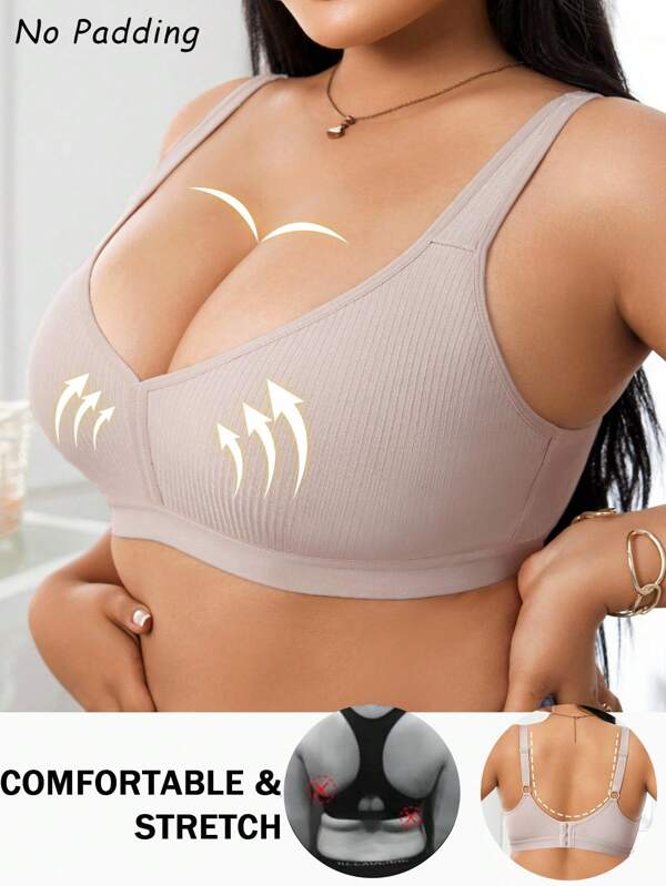 Women's Plus Size Apricot Rib-Knit Wireless Bralette, Comfortable No Padding Support Bra, Everyday Casual Stretch Fabric.