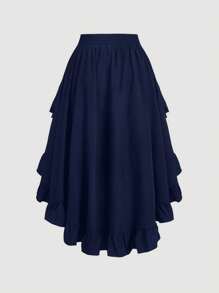 SHEIN MOD 1pc Plus Size Women Navy Blue Ruffle Hem Skirt, Vintage Black Layered Flared Skirt - Navy Blue - View 2