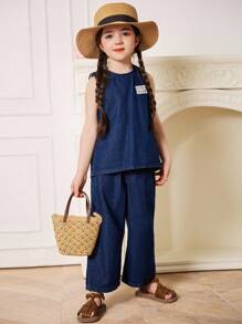 Dazy Kids 女童休闲圆领无袖水洗牛仔衬衫和宽松牛仔裤两件套 - 寶藍色 - 查看 3