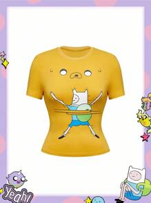 Adventure Time X ROMWE 女式 Y2K 可爱有趣新奇卡通图案 T 恤 - 黃色 - 查看 1