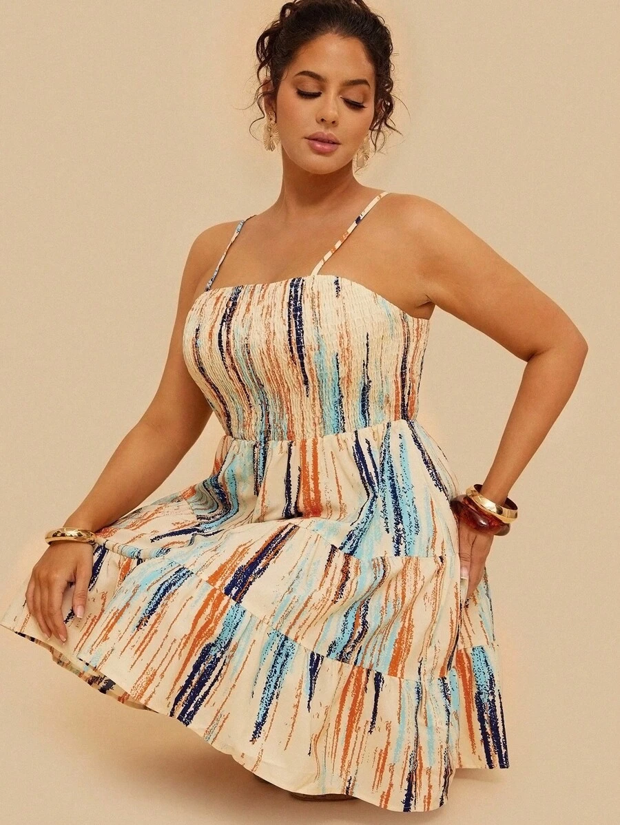 SHEIN VCAY Váy hai dây boho họa tiết cọ xếp nếp cỡ lớn, dành cho mùa hè - Nhiều màu - Xem 1