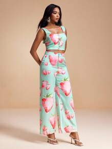 Becci Summer Fruit Strawberry Print Woven Cami Top And High-Waist Wide-Leg Pants Set Vacation Co-Ords