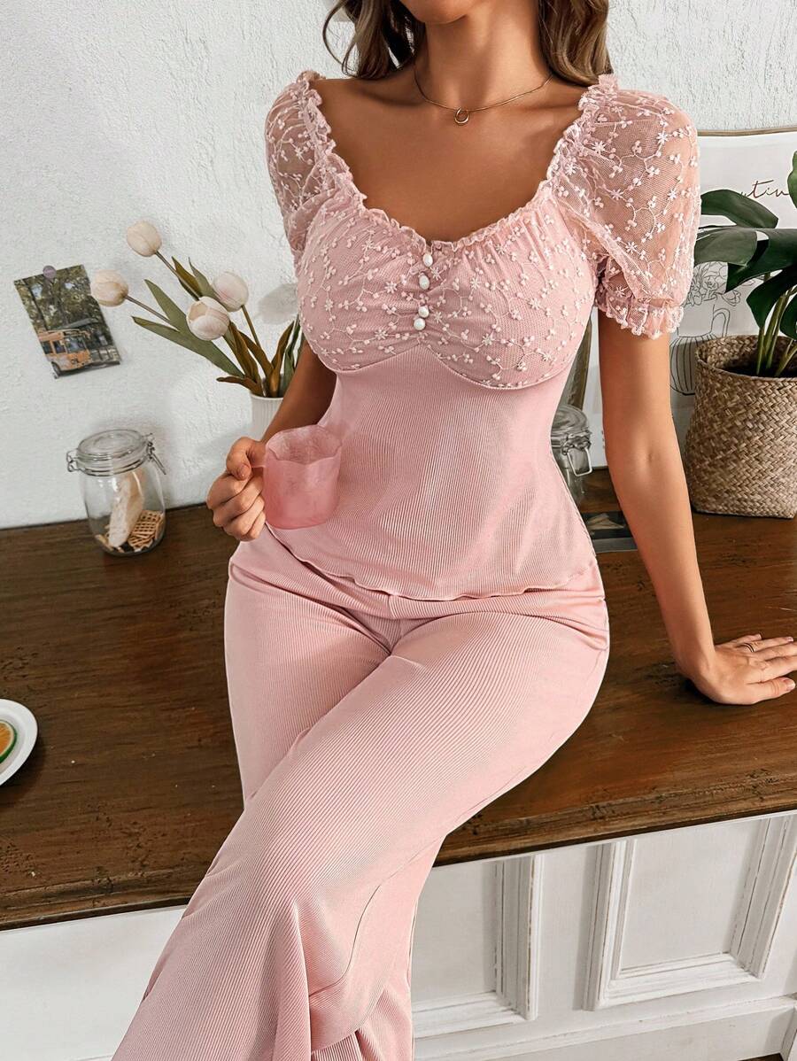 SHEIN Conjunto de pijama con mangas abultadas, cuello cuadrado, decoración con botones y fruncido delantero en tejido de malla jacquard para mujer