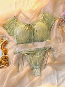 DelicateAllure Frill Trim Tie Front Mesh Lingerie Set  Cozy And Elegant Details - Mint Green - View 3