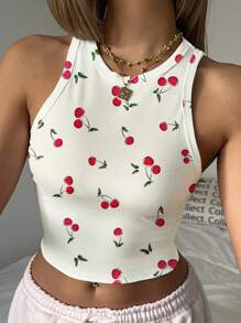 SHEIN EZwear Top aderente a girocollo con stampa di ciliegie, stile casual minimalista, adatto per l estate, per donne