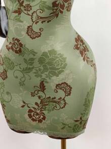 Amplova Đầm ôm sát cơ thể lưới in họa tiết hoa cổ điển chắp vá ren - màu xanh lá - Xem 5