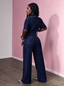 Slaydiva 女式流苏短袖单排扣阔腿休闲牛仔连体裤 - 深色水洗藍 - 查看 2