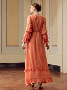 ZEYLAH Women's Elegant Floral Lace Trim Long Sleeve Dress, Solid Color Fall Cloth For Women