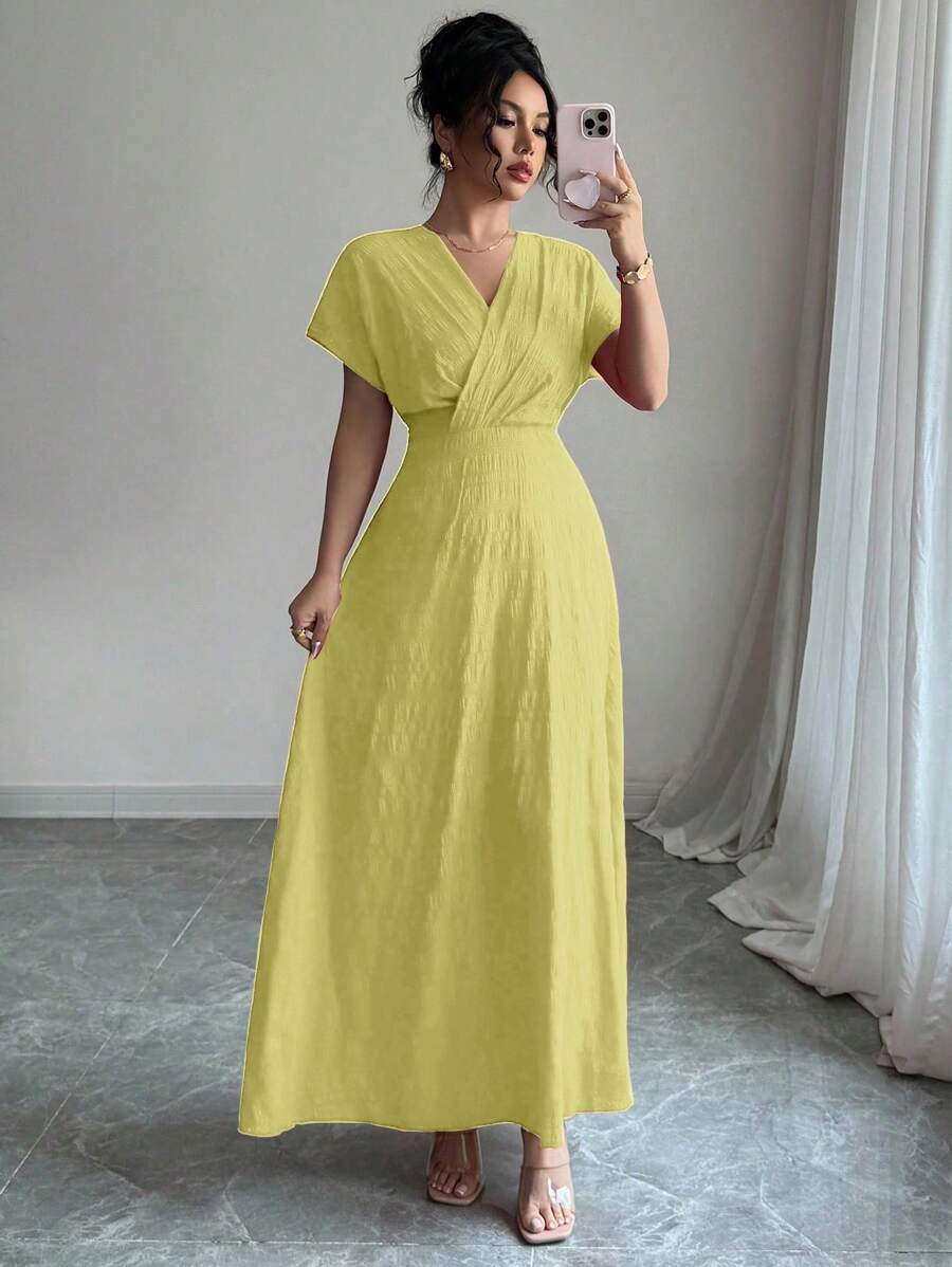 Rafferiza Đầm thường ngày cổ chữ V tay ngắn màu trơn mùa hè cho nữ - màu xanh lá - Xem 1