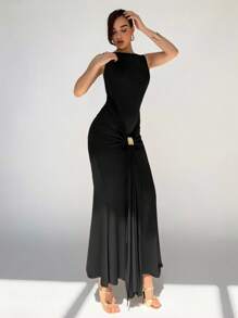 Aloruh Damen Rundhals Plissee Patchwork Gerafftes asymmetrisches Kleid, elegantes ärmelloses Kleid - Schwarz - Übersicht 5