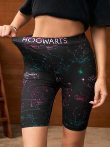 HARRY POTTER X SHEIN 女士全印花高腰紧身机车短裤 - 黑色 - 查看 3