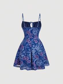 SHEIN MOD 复古花卉印花迷你吊带连衣裙 - 寶藍色 - 查看 2