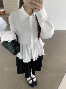 DAZY Áo kiểu Hàn Quốc tay dài cổ polo viền bèo nhún trơn màu cho nữ, áo babydoll, quần áo nữ mùa thu - trắng - Xem 5