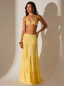 Glamine 褶皱腰带分层蛋糕裙，休闲/度假A字裙 - 黃色 - 查看 4