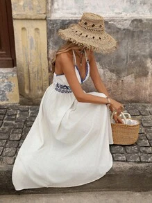 Brillora Women's Summer Embroidered Patchwork Split Hem Dress For Vacation,Beach Outfits For Woman,Vacation,Beach,Vacation Outfits Woman