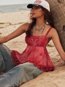 Bohemela Top canottiera da donna stile boho vacanza al mare, con spalline sottili, in tessuto intrecciato tie-dye, schiena scoperta