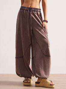 Bohemela Quần dài dệt kim dáng rộng, dây rút họa tiết biểu tượng hòa bình phong cách Boho thường ngày dành cho nữ - Màu Tím - Xem 6